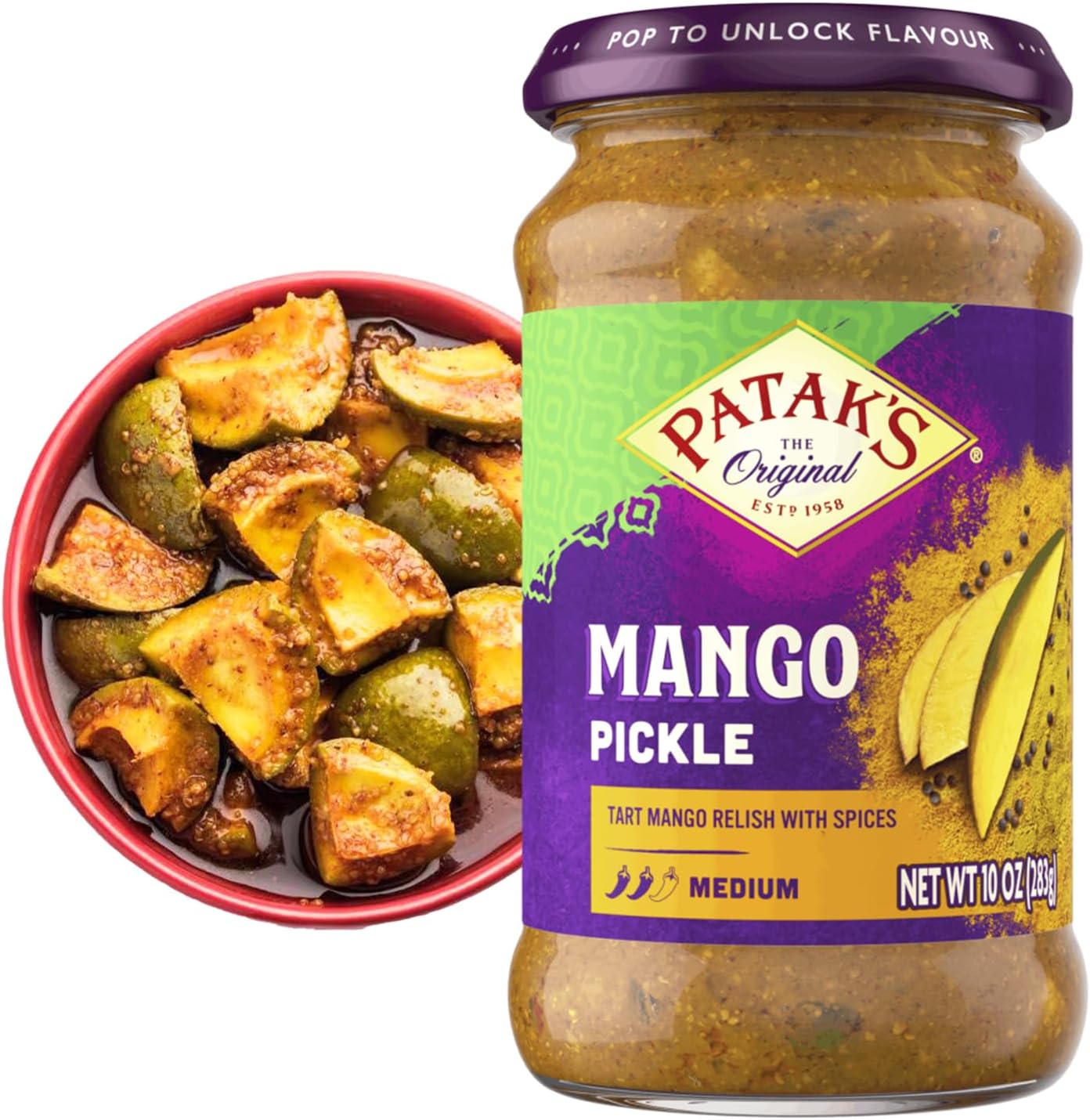Patak’s Medium Mango Pickle - Authentic Indian Relish with Mango Chunks & Aromatic Spices - Perfect with Naan, Pappadum, Sandwiches & Salads - Vegan Spicy Pickle - 10oz Jar (Pack of 1)