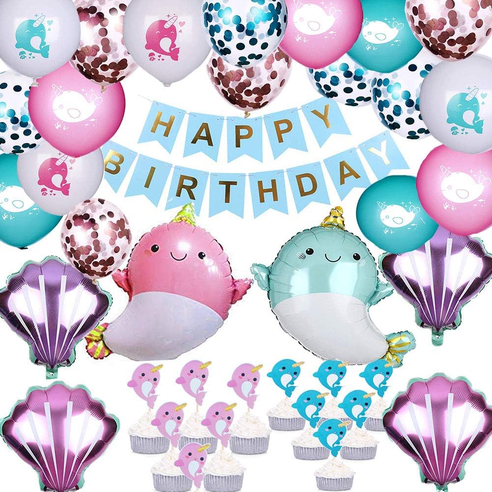 Narwhal Birthday Party Supplies Kit, Narwhal Theme Decorations Include Narwhal Ballons, Cupcake Topper and Blue Birthday Banner Set for Kids Ocean Theme Party