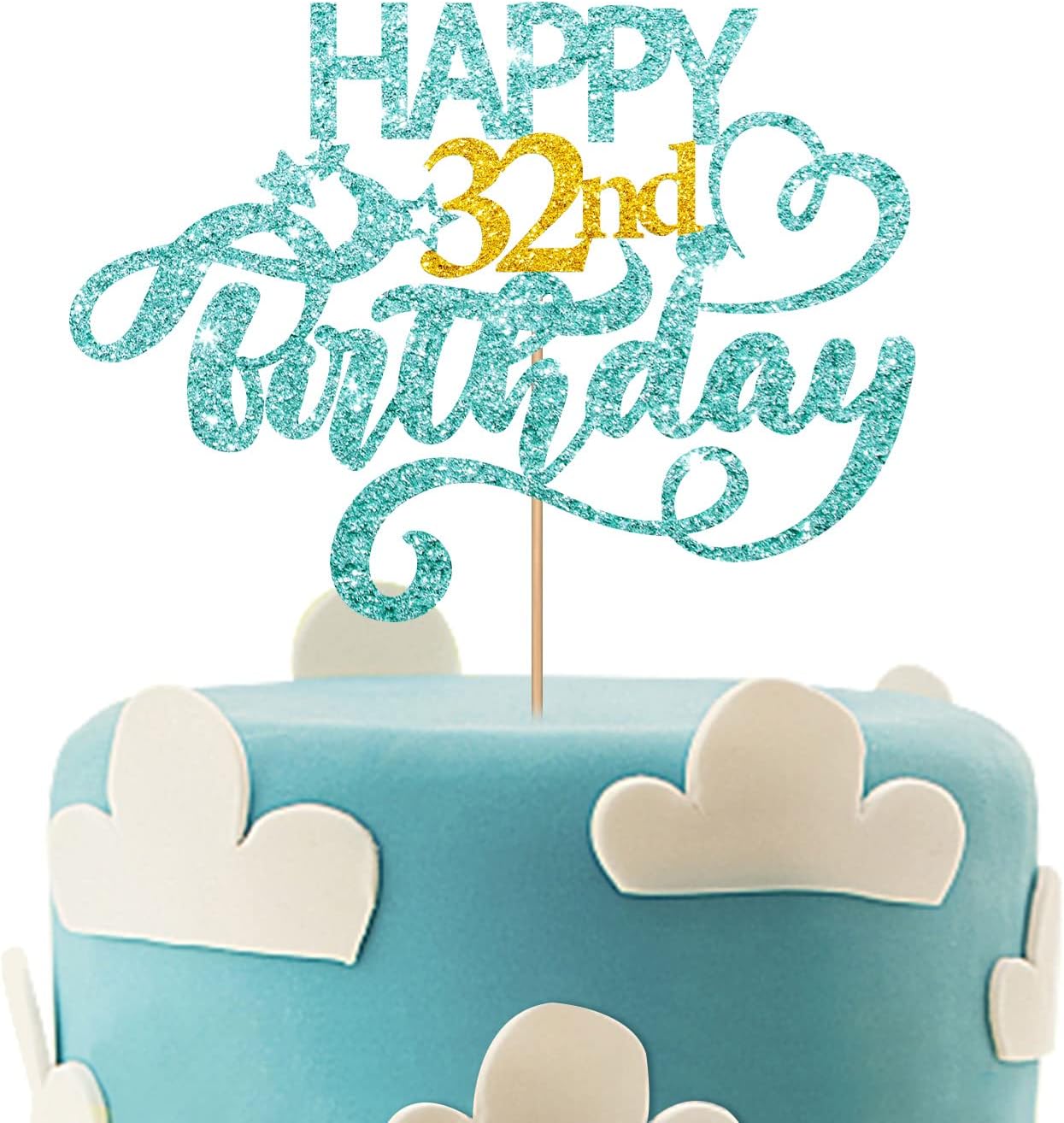 Sky Blue Glitter Happy 32nd Birthday Cake Topper, Thirty Two Years Old Birthday Party Cake Decor, Gold Number 32 Birthday Party Supplies Decorations for Men or Women