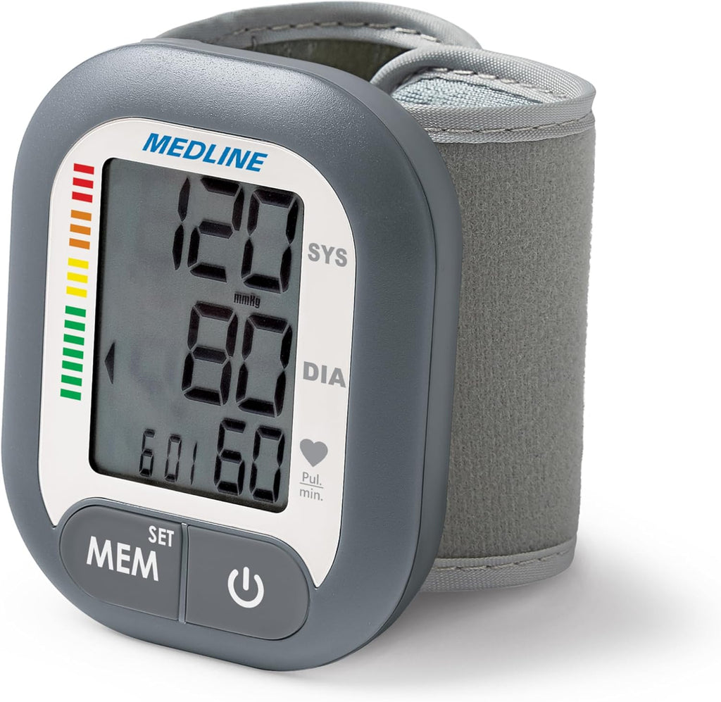 Medline Digital Wrist Blood Pressure Monitor, Wearable, Digital LCD Display, Stores Up To 60 Readings, Batteries Included