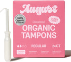 August Regular Tampons - 24-Pack 100% Organic Cotton Tampons for Women and Anyone Who Menstruates, Non-Toxic, Fragrance-Free, and Hypoallergenic with Long Applicators