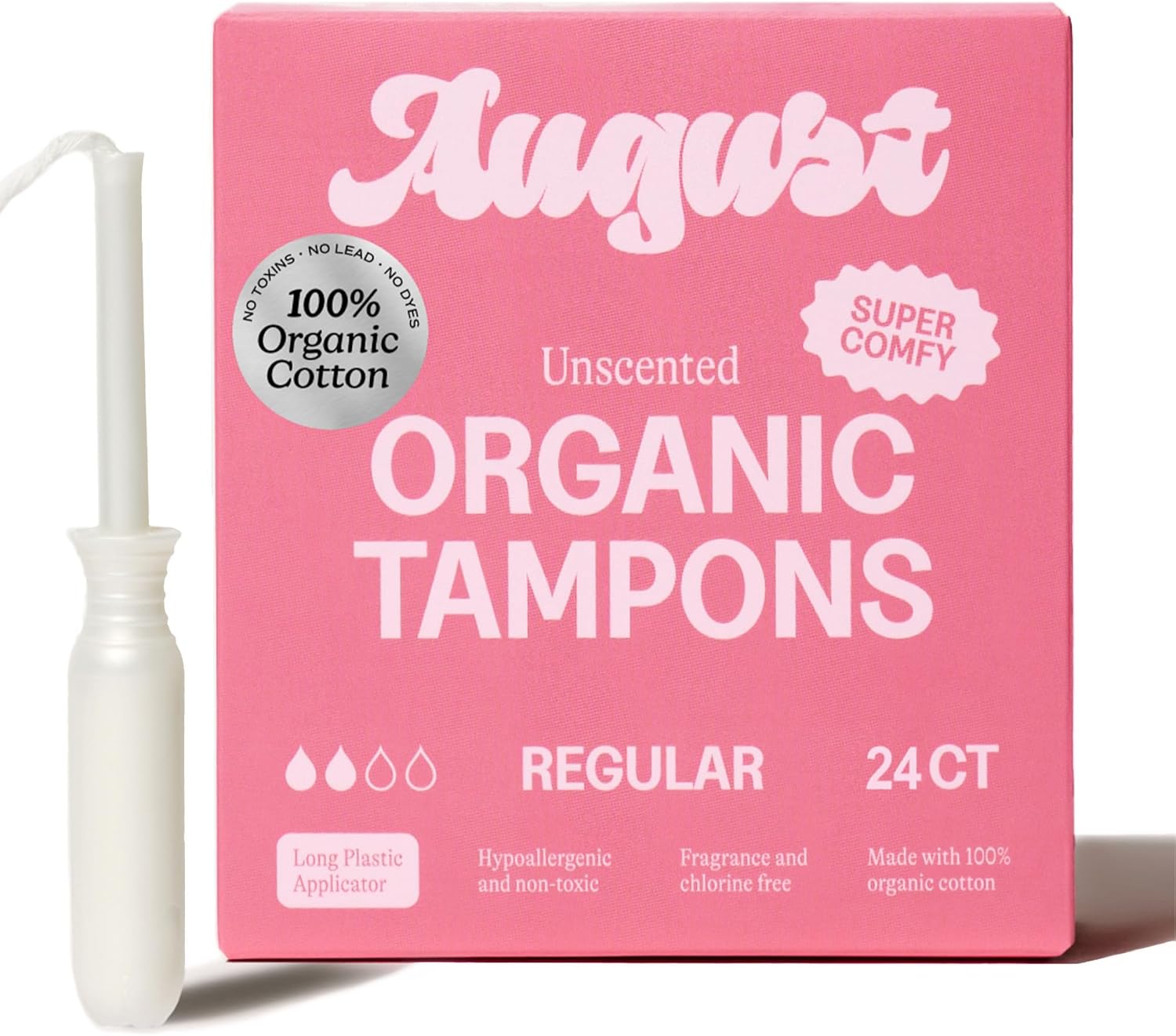 August Regular Tampons - 24-Pack 100% Organic Cotton Tampons for Women and Anyone Who Menstruates, Non-Toxic, Fragrance-Free, and Hypoallergenic with Long Applicators
