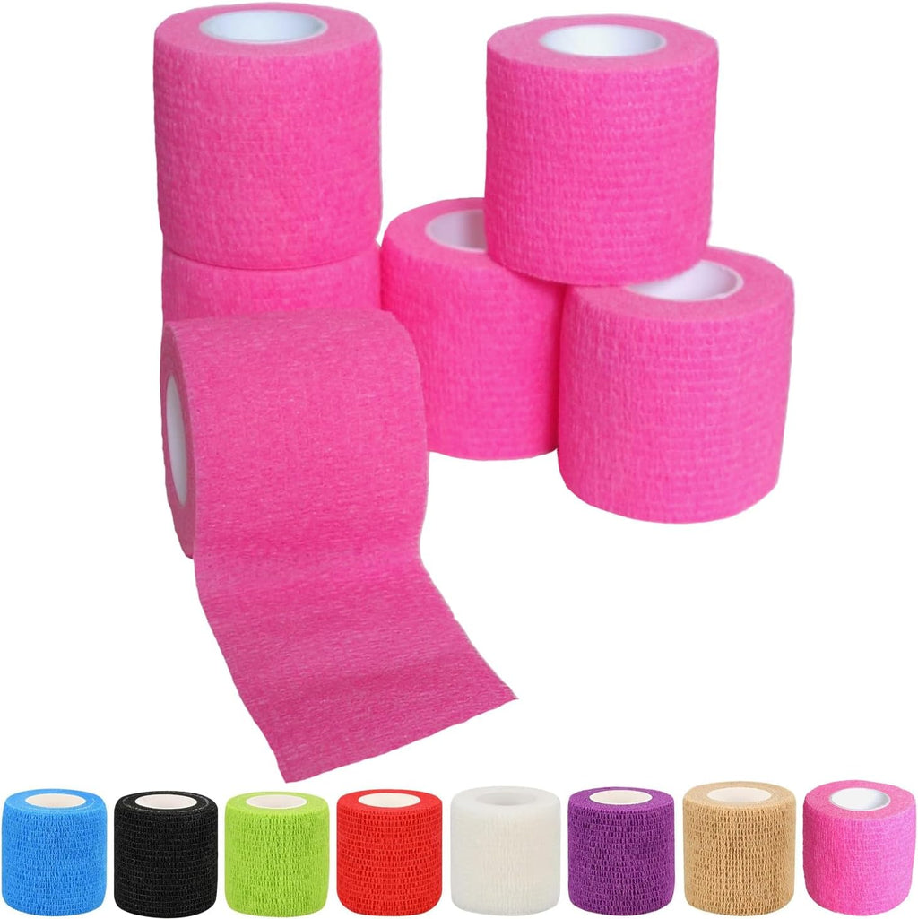 6 Pack 2 Inches Self Adhesive Wrap Bandage Self Adherent Cohesive Bandage Tape Stretch Vet Wrap Breathable Athletic Tape for Sports, Wrist, Ankle（Pink）