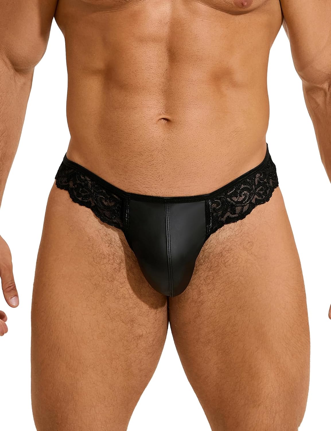 ohyeahlady Men's Thong Underwear Lace Sexy G-String Thong PU Faux Leather Pouch Trunks Sissy Panties Soft Briefs S-2XL
