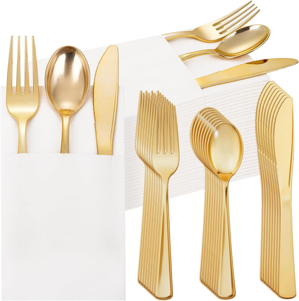 Supernal 200pcs Gold Plastic Silverware with Pocket Napkins-50 Sets, Heavy Duty Disposable Silverware with White Napkins-Disposable Party Tableware for Wedding, Birthday Party