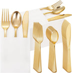 Supernal 200pcs Gold Plastic Silverware with Pocket Napkins-50 Sets, Heavy Duty Disposable Silverware with White Napkins-Disposable Party Tableware for Wedding, Birthday Party