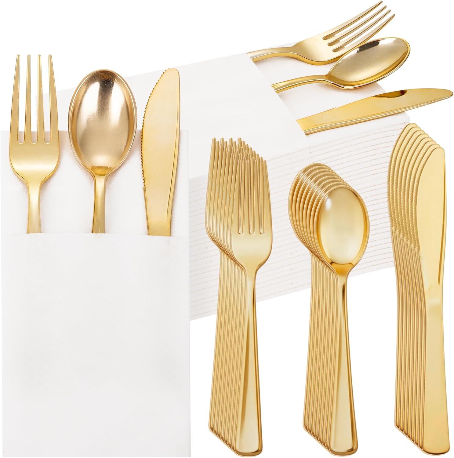 Supernal 200pcs Gold Plastic Silverware with Pocket Napkins-50 Sets, Heavy Duty Disposable Silverware with White Napkins-Disposable Party Tableware for Wedding, Birthday Party
