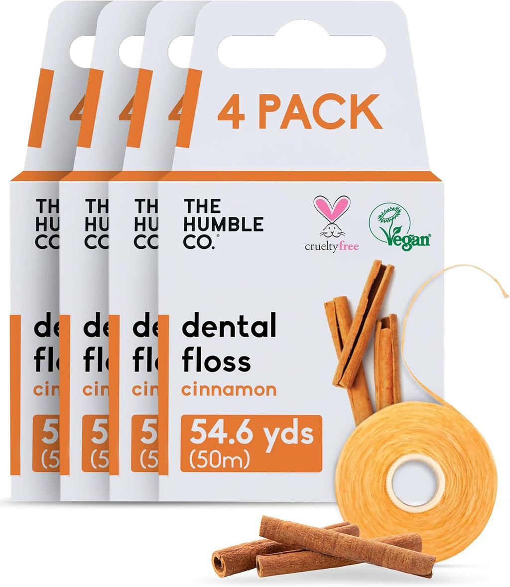 The Humble Co Cinnamon Dental Floss, 4 Pack - Vegan Expanding Dental Floss for Adult & Kids - Non-Toxic, Thick Expandable Floss for Gum Health - Oral Care & Hygiene - 220 Yards