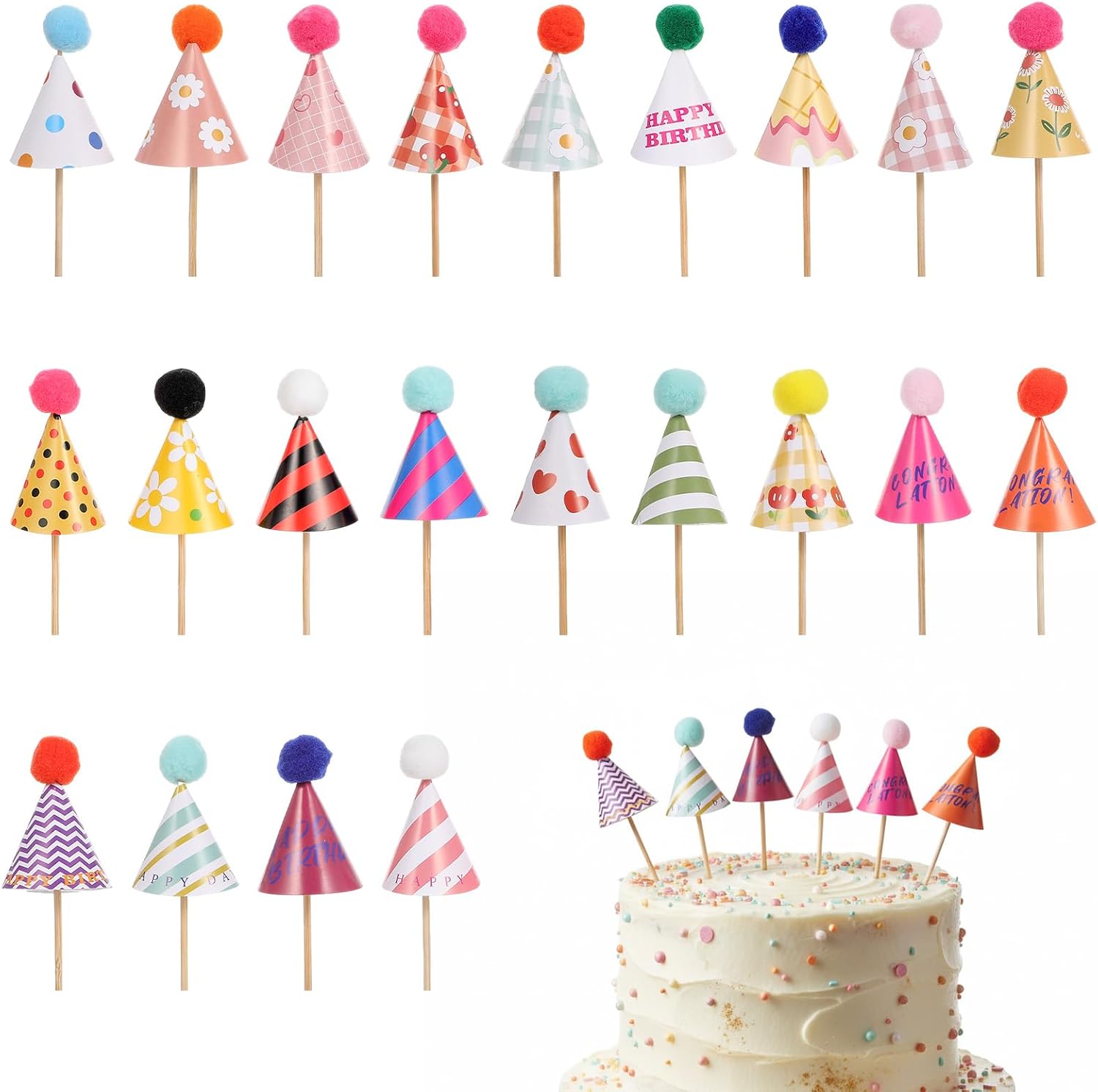 22 Pcs Party Hat Cupcake Toppers, Mini Cupcake Birthday Decorations for Baby Shower, Wedding, and Festival Celebrations, DIY Birthday Hats Cup Cake Toppers Dessert Decoration