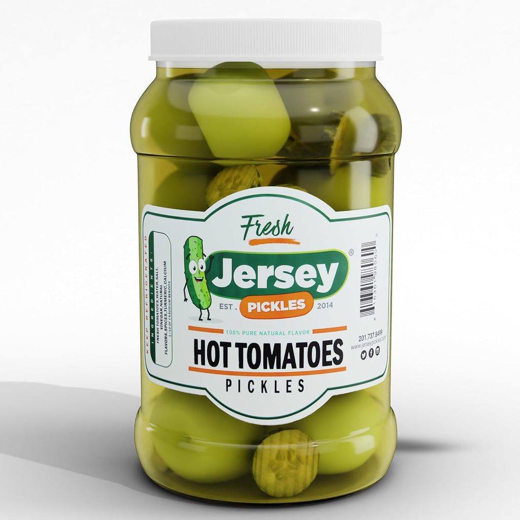 Jersey Pickles - Hot Pickled Tomatoes (Gallon) – Pickled Vegetable – Handcrafted Gourmet Topping for Sandwiches, Charcuterie & More