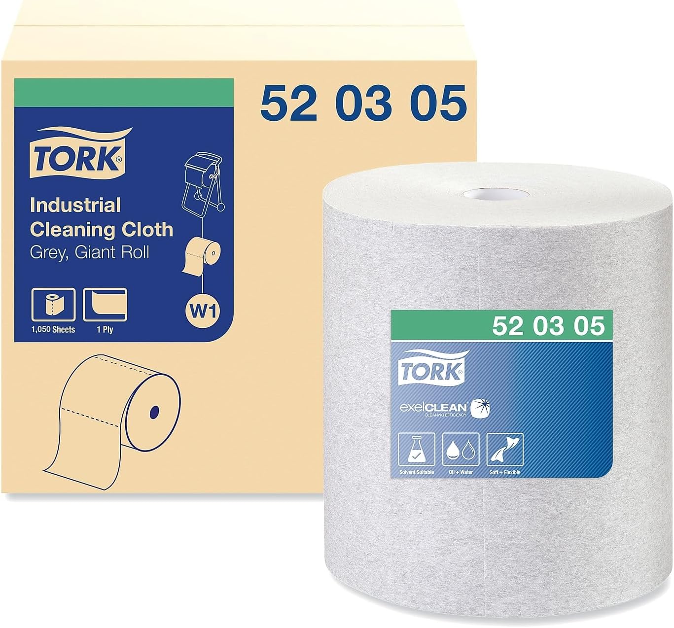 Tork Industrial Cleaning Cloths, 1-Ply, 12.6 x 13.3, Gray, 1,050 Wipes/Roll (TRK520305)