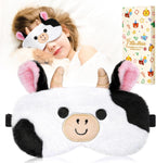 Sleep Mask for Kids - Valentines Gift for Kids Cute Plush Fuffy Sleeping Eye Cover Kawaii Soft Eyeshade Animal Eye Blindfold for Girls Boys Teens with Adjustable Strap, Cow
