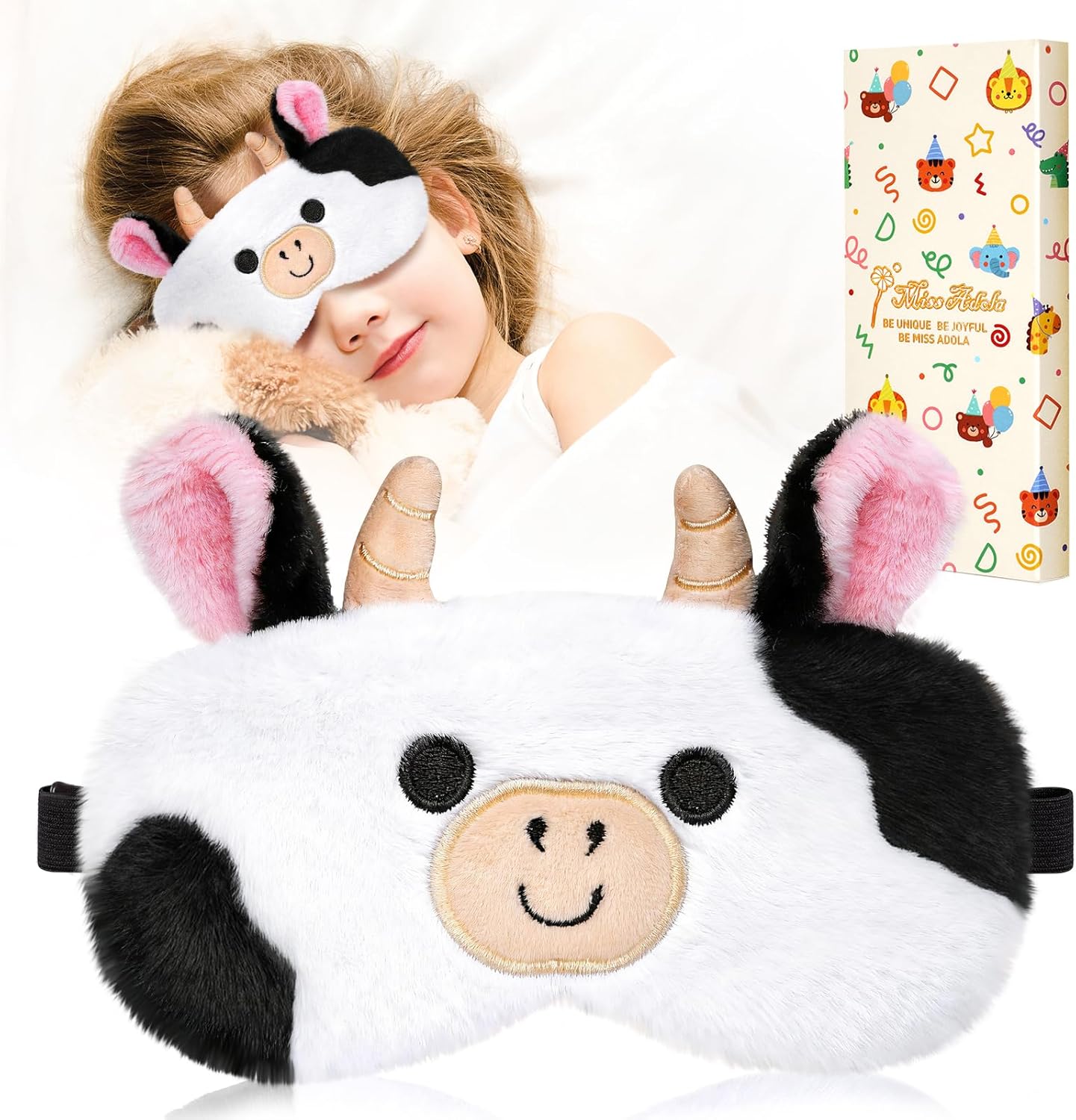 Sleep Mask for Kids - Valentines Gift for Kids Cute Plush Fuffy Sleeping Eye Cover Kawaii Soft Eyeshade Animal Eye Blindfold for Girls Boys Teens with Adjustable Strap, Cow