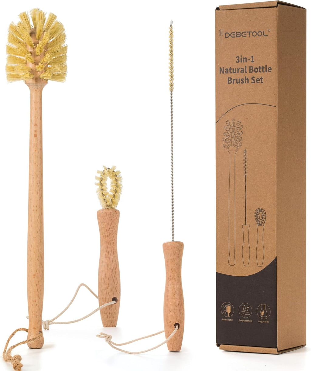 DEBETOOL Natural Bottle Brush Set 3-in-1-13.7 Inch Long Handle Wooden Bottle Brush for Cleaning, Water Bottle Cleaner Brush for Cups & Wide Mouth Jars