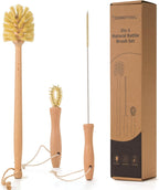 DEBETOOL Natural Bottle Brush Set 3-in-1-13.7 Inch Long Handle Wooden Bottle Brush for Cleaning, Water Bottle Cleaner Brush for Cups & Wide Mouth Jars
