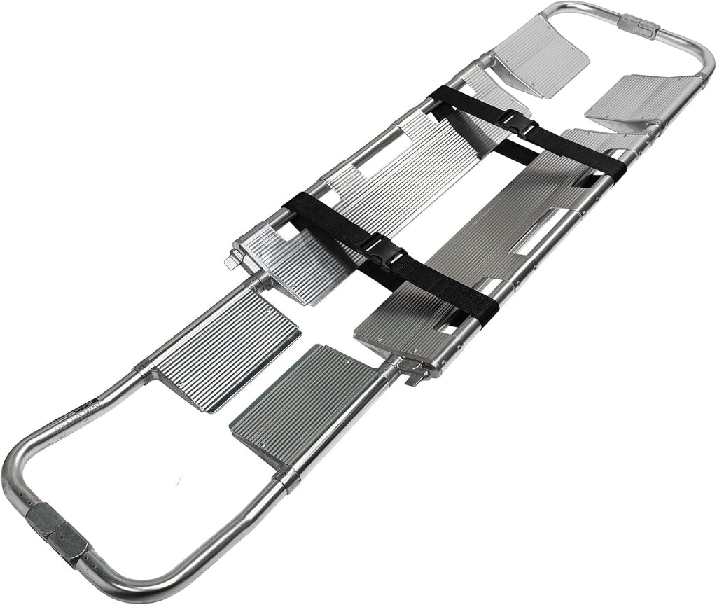 LINE2design-USA- Foldable Aluminum Scoop Stretcher - EMS Portable Stretcher with Adjustable Length, Patient Transport Medical Stretcher with Breakaway Hinge Mechanism - 350.5 Lb Load Capacity, Silver