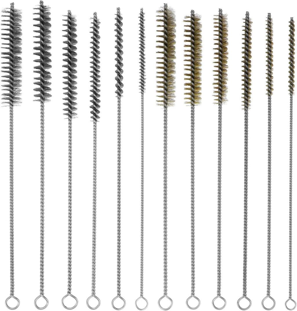 QWORK Brass Wire Brush Stainless Steel Wire Brush Set, 12 Pieces 12" Cleaning Brushes for Metal, Bottles, Test Tubes & Rust Removal
