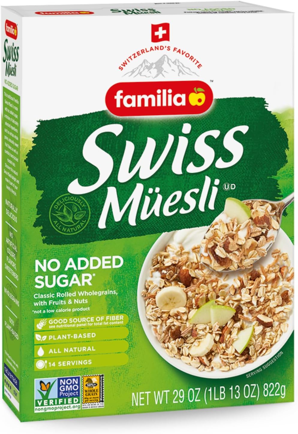 Familia Swiss Muesli Cereal, 0g Added Sugar, Energy-Packed Cereal with Raisins, Hazelnuts and Almonds, 29 Ounce Box (Pack of 1)