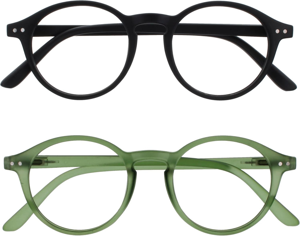 OPULIZE REY Reading Glasses for Women Men, Retro Round Frame with Spring Hinges, Matte Black, Green +3.00 (Pack of 2)