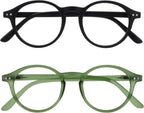 OPULIZE REY Reading Glasses for Women Men, Retro Round Frame with Spring Hinges, Matte Black, Green +3.00 (Pack of 2)