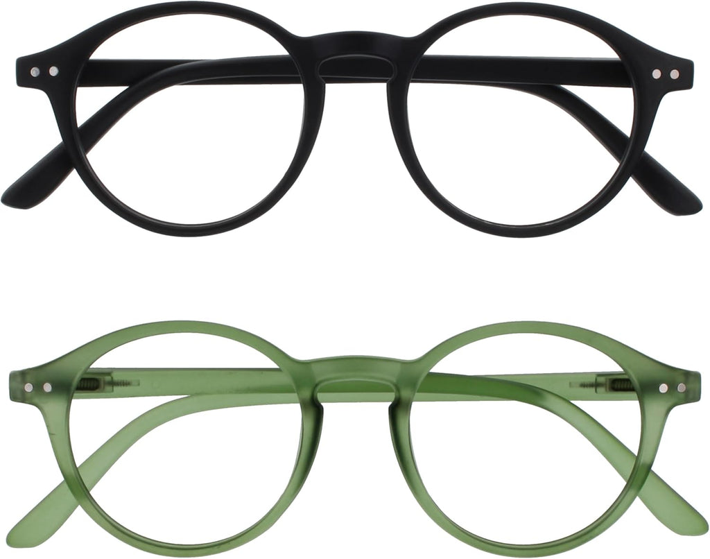 OPULIZE REY Reading Glasses for Women Men, Retro Round Frame with Spring Hinges, Matte Black, Green +1.00 (Pack of 2)