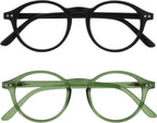OPULIZE REY Reading Glasses for Women Men, Retro Round Frame with Spring Hinges, Matte Black, Green +1.00 (Pack of 2)