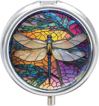 Transparent 3-Compartment Medicine Pill Case, Portable Round Pill Box for Pocket or Purse, Decorative Metal Medicine Vitamin Organizer. (Dragonfly)