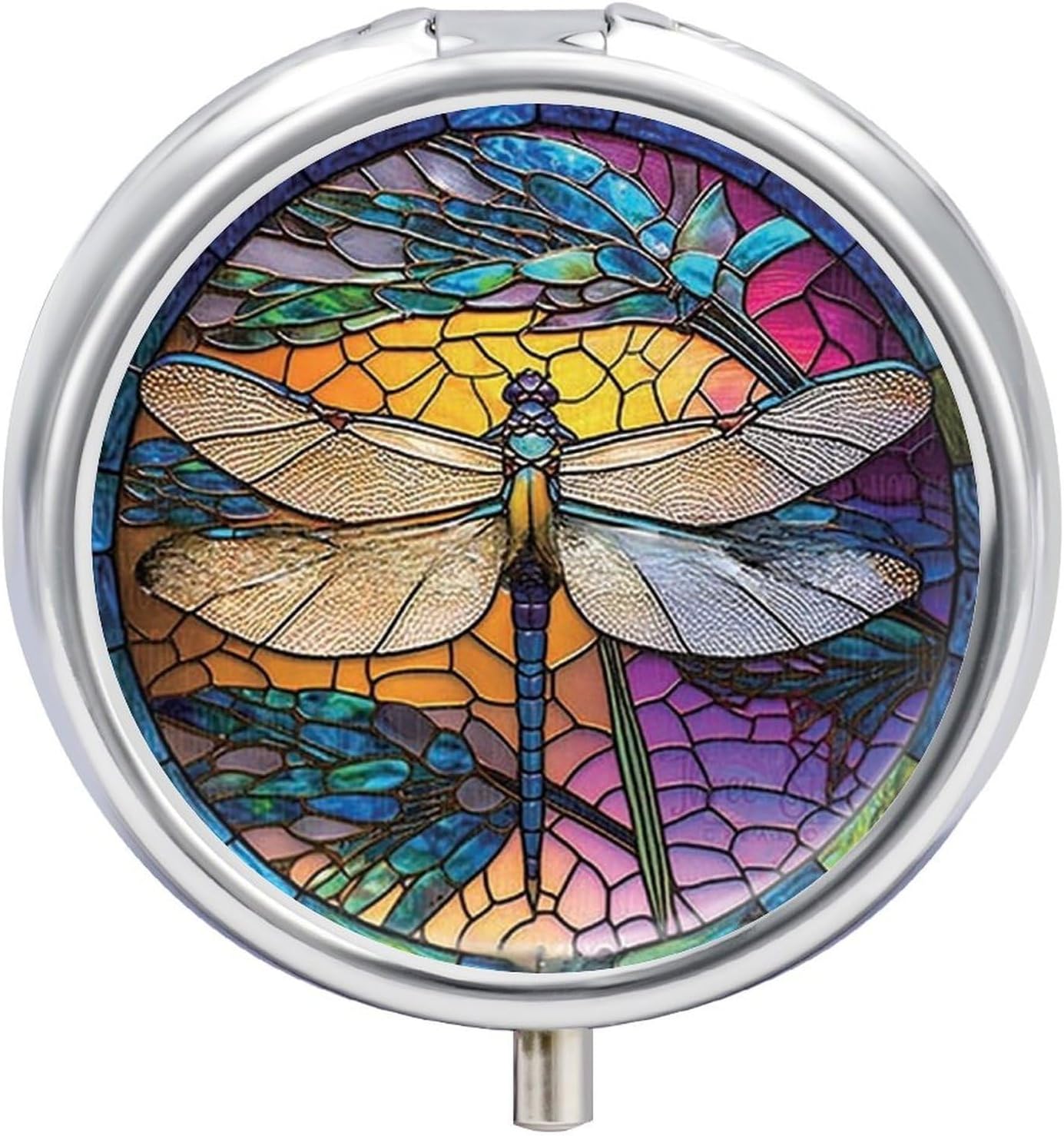 Transparent 3-Compartment Medicine Pill Case, Portable Round Pill Box for Pocket or Purse, Decorative Metal Medicine Vitamin Organizer. (Dragonfly)