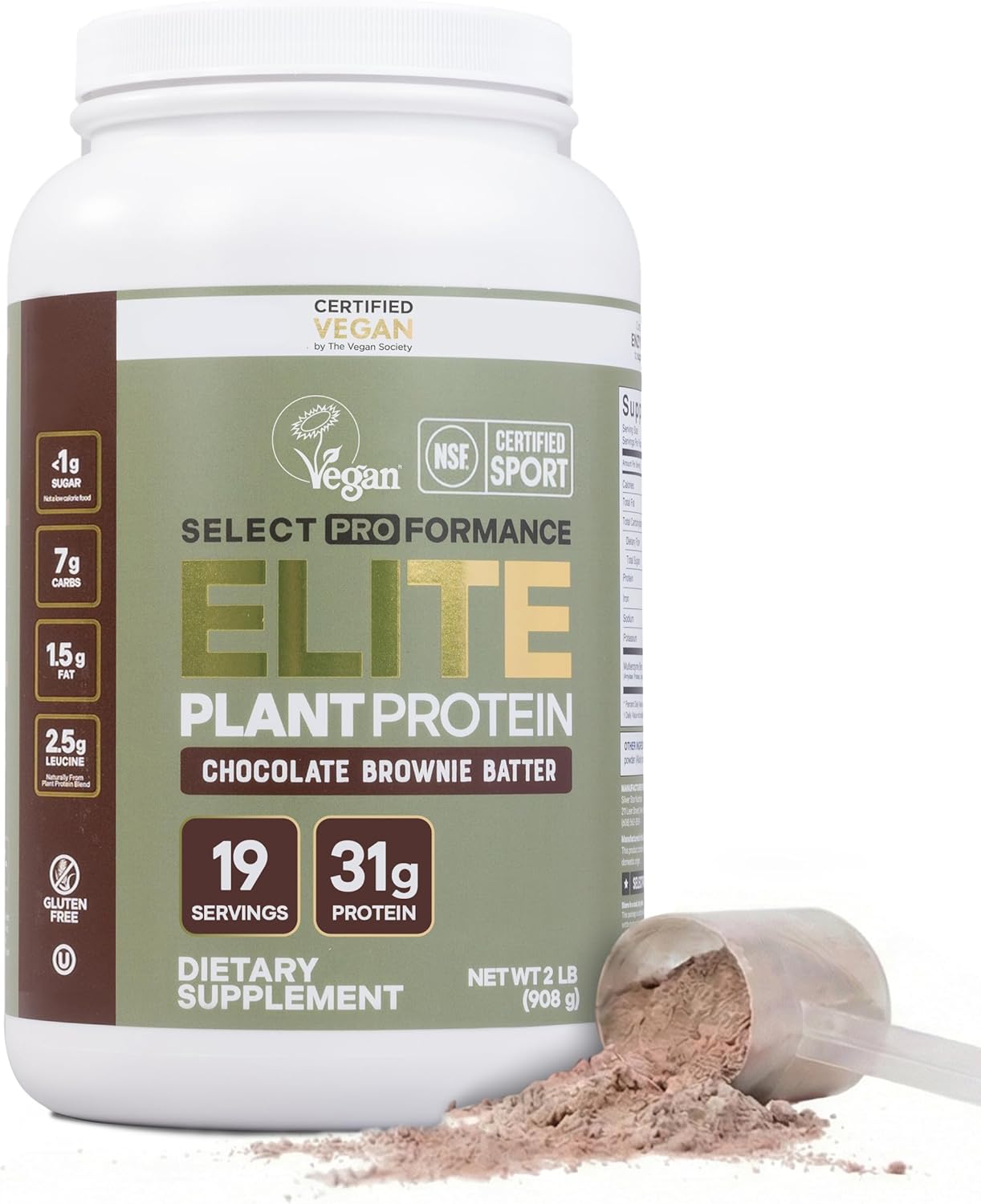 Select Proformance Elite Vegan Protein Powder - 16g of Protein per Scoop, Plant Based, Dairy Free, Gluten Free, Clean Ingredients - Chocolate Brownie Batter, 2lb Tub (40 Servings)