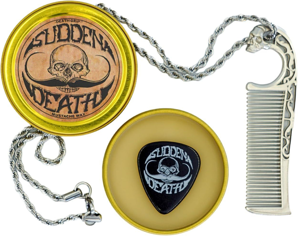 Mustache Wax Strong Hold Sudden Death 1 oz Tin & Necklace Death Grip Mustache Comb Mens Combo Kit - Grooming For Men Handlebar Moustache