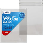 100 Count - Slider Zip 2 Gallon Jumbo Food Storage Bags, 12" x 15" 3 Mil Heavy Duty, Extra Large, Strong & Durable For Freezer Storage. GPI