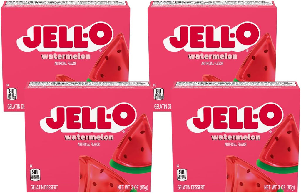 Jell-O Gelatin Dessert Mix, Watermelon Flavored, Artificially Flavored, Fat Free, Quick & Easy Dessert, 3 oz (Pack of 4)