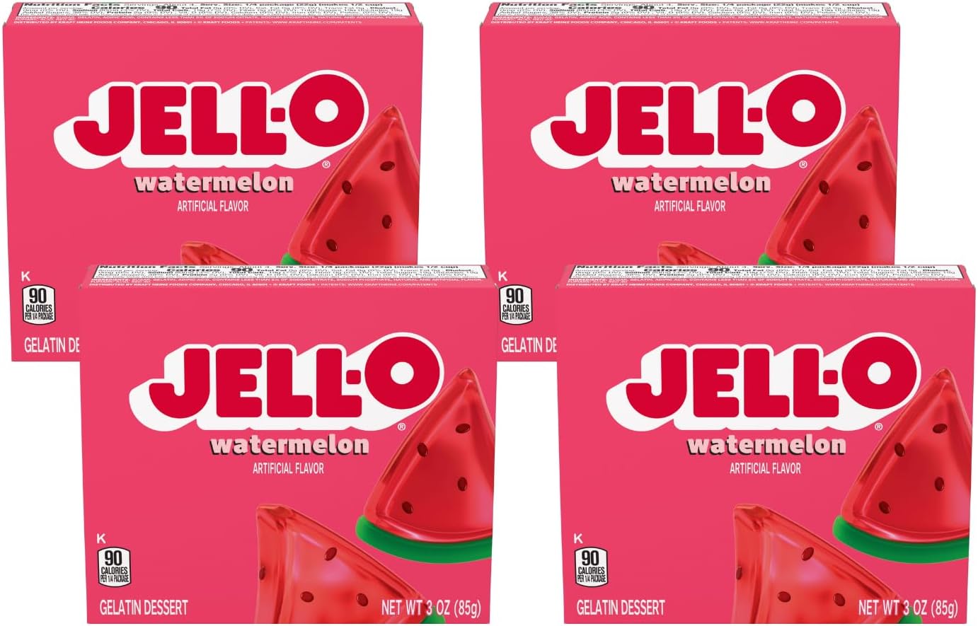 Jell-O Gelatin Dessert Mix, Watermelon Flavored, Artificially Flavored, Fat Free, Quick & Easy Dessert, 3 oz (Pack of 4)