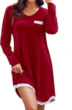 Ekouaer Womens Long Sleeve Nightgowns V Neck Sleepshirts Lace Nightshirts Casual T-shirt Sleep Dress with Pocket