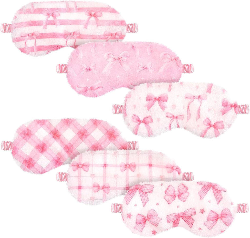 Cuffbow 6 Pack Plush Sleep Mask Set, Cute Plush Eye Masks for Sleeping, Soft Comfortable Travel Nap Blindfold, Sleepover Party Favors for Women(Plaid Bow,Pink)