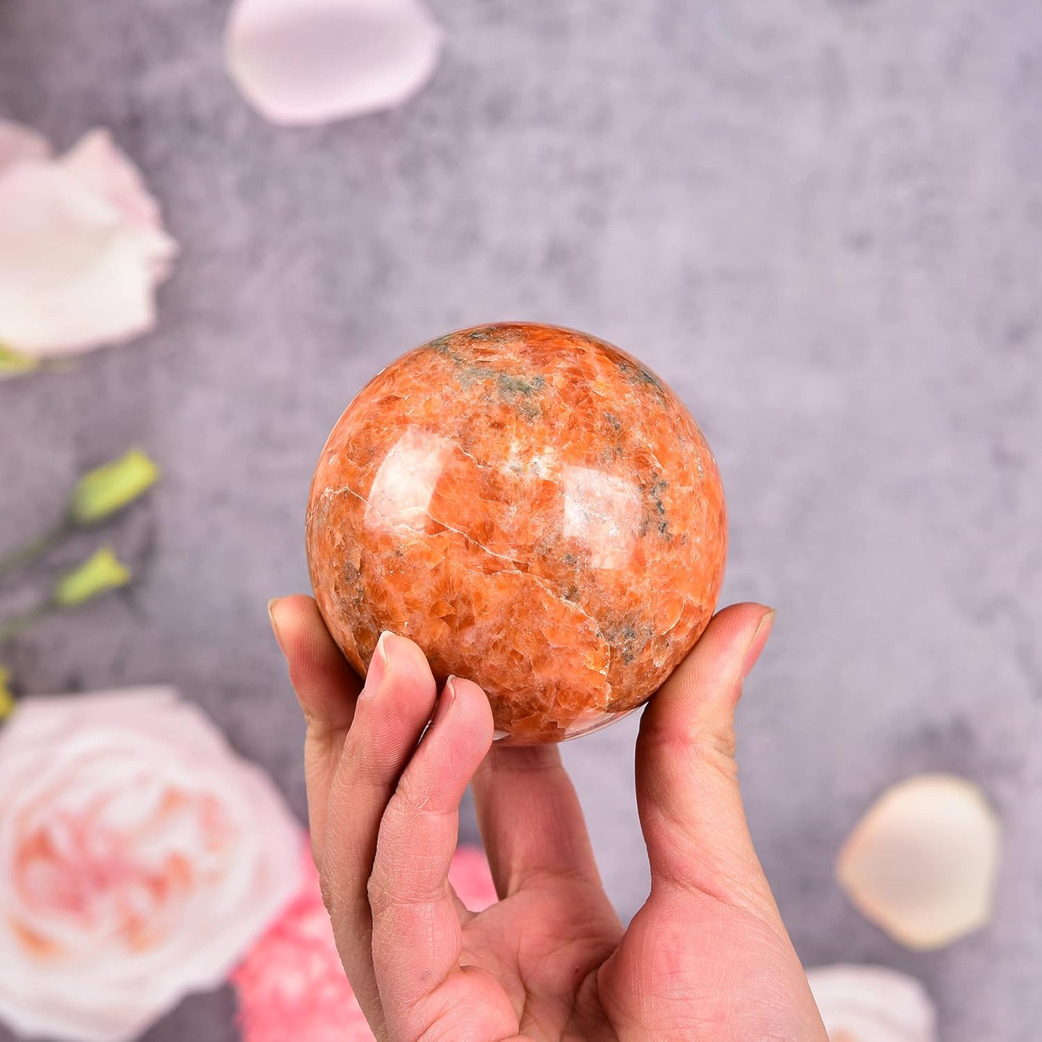 JIC Gem Natural Sunstone Healing Crystal Ball Divination Gemstone Sphere Feng Shui Reiki Aura Crystal Ball Home Desk Decor (60-70mm)