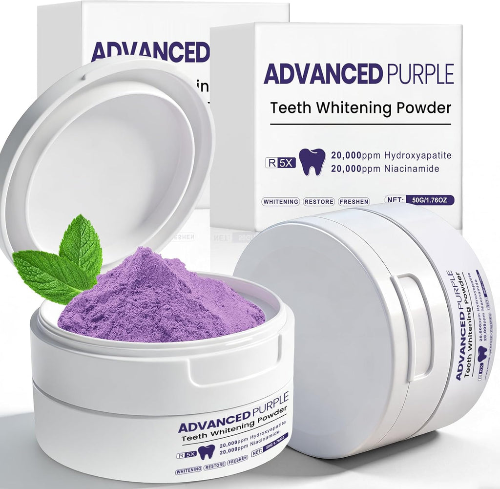 2 PCS Teeth Whitening Powder, R5X Advanced Purple Color Balance Toothpaste, Nano Hydroxyapatite Remineralizing (Enamel Repair) & Niacinamide Formula - Immediate Whitening Results, 2 * 50 Grams