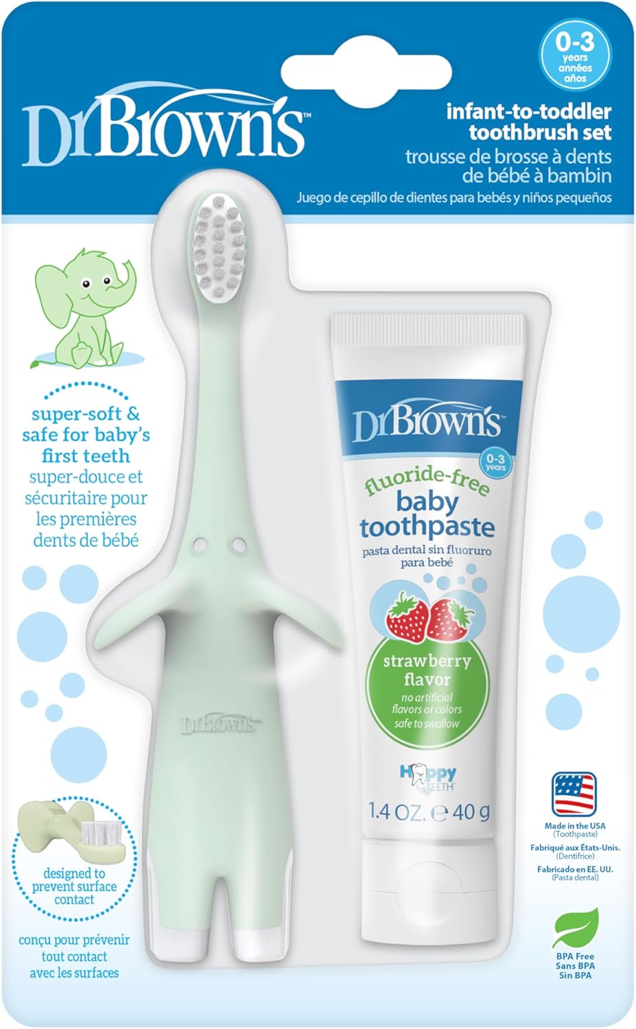 Dr. Brown’s Infant-to-Toddler Training Toothbrush Set, Mint Elephant with Fluoride-Free Strawberry Baby Toothpaste, 0-3 years