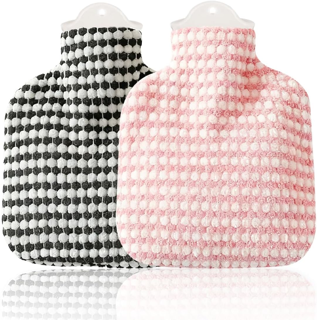 500ML Cute Plush Hot Water Bottle, Hot Water Hand Warmer, Hot Water Bag with Soft Cover for Pain Relief, Menstrual Cramps, Neck Shoulder, Soft Fluffy Hot Bag for Winter, Kids & Adults (2 PCS)