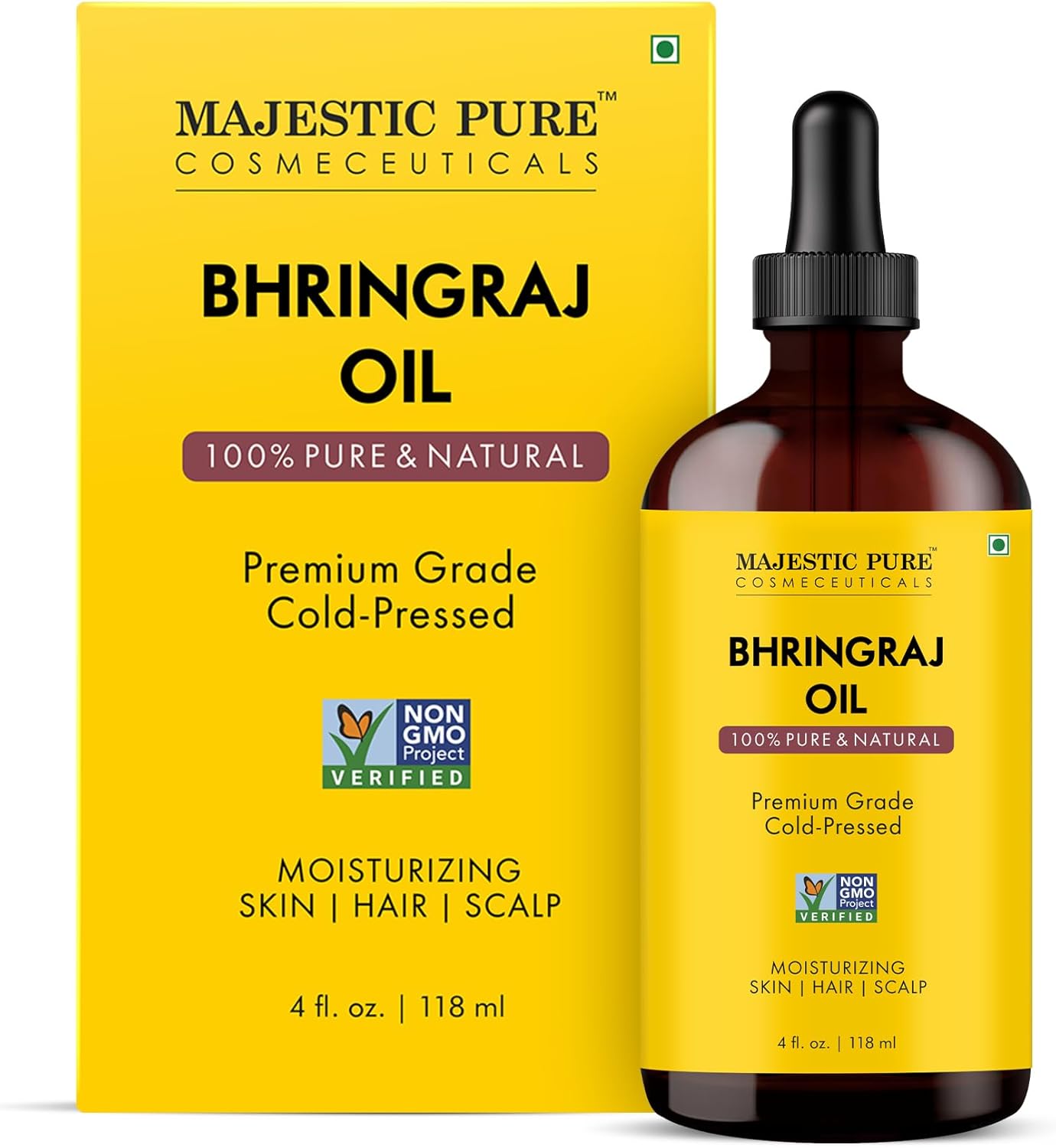 Majestic Pure Bhringraj Premium Carrier Oil 4oz (118ml) With Dropper for Hair Oiling, Scalp Massage & Skin Care