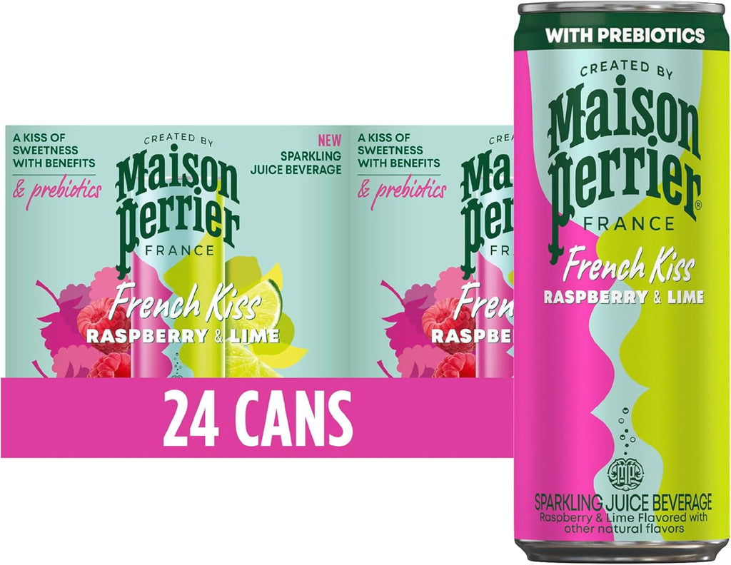 Maison Perrier French Kiss Sweetened Sparkling Juice Beverage, Raspberry & Lime Flavors With Real Fruit Juices, 24Pk