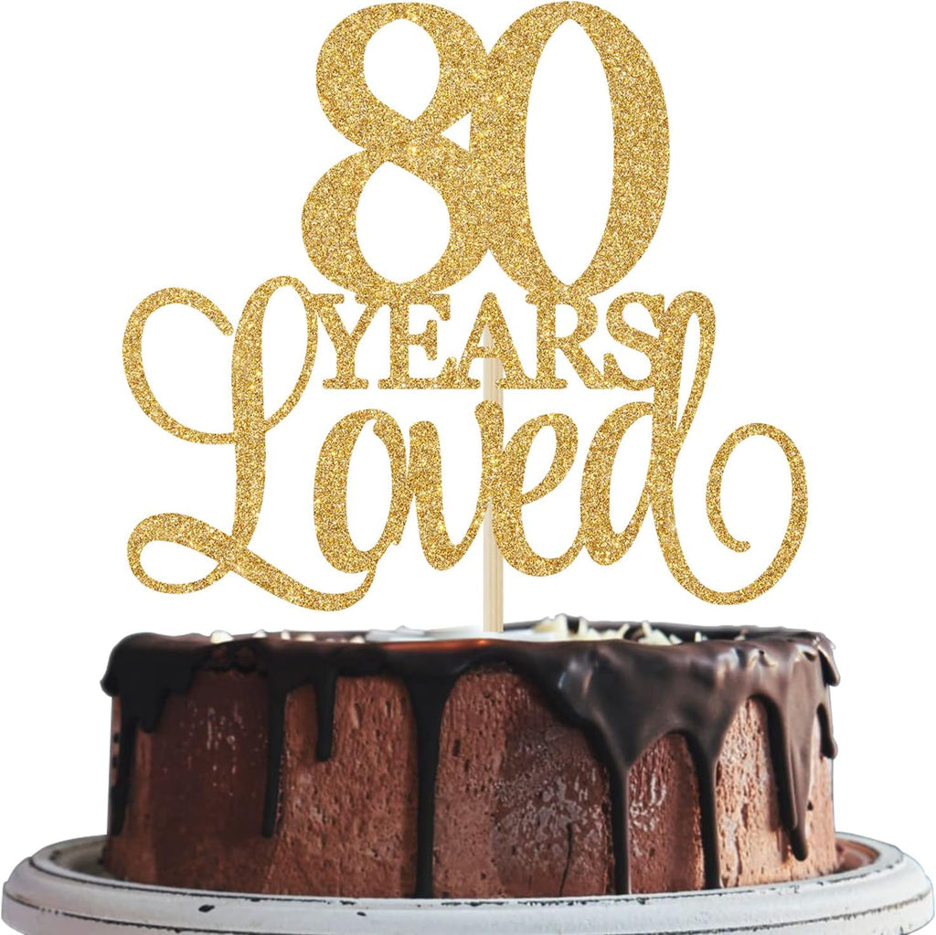 80 Years Loved Cake Topper, Cheers to 80 Years, 80th Birthday Cake Topper, 80th Wedding Anniversary Cake Topper, 80th Anniversary Birthday Party Favor Supplies Gold Glitter