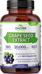 Zazzee High Strength Grape Seed 50:1 Extract, 180 Vegan Capsules, 95% Polyphenols, 400 mg per Capsule, 6 Month Supply, Antioxidant, Circulation & Blood Flow Support, Non-GMO, Made in the USA