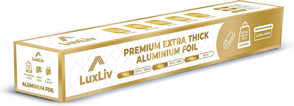 Extra Wide Aluminum Foil Roll Heavy Duty – 18in x 131ft Length 20 Micron thick,193 sq ft – Commercial Grade & Extra Thick, for grilling home cooking Food Service Industry LuxLiv®