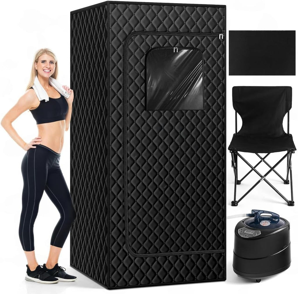 Portable Home Sauna Box for Relaxation & Detoxification with 1500W Steamer, Remote Control, Foldable Chair, Soothing Red Light, 3L Tank, Diatom Mat, 9 Levels, Foldable Design, 30.5 x 30.5 x 69.9 in