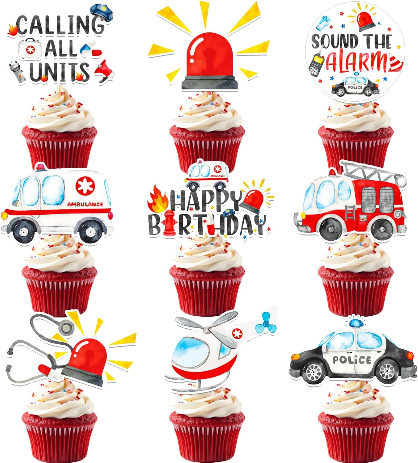 Emergency Vehicle Cupcake Toppers 48 Pieces Fire Truck Police Birthday Cake Picks Sound The Alarm Theme Party Decorations Emergency Ambulance Cake Decoration for Boys Rescue Party Baby Shower Supplies
