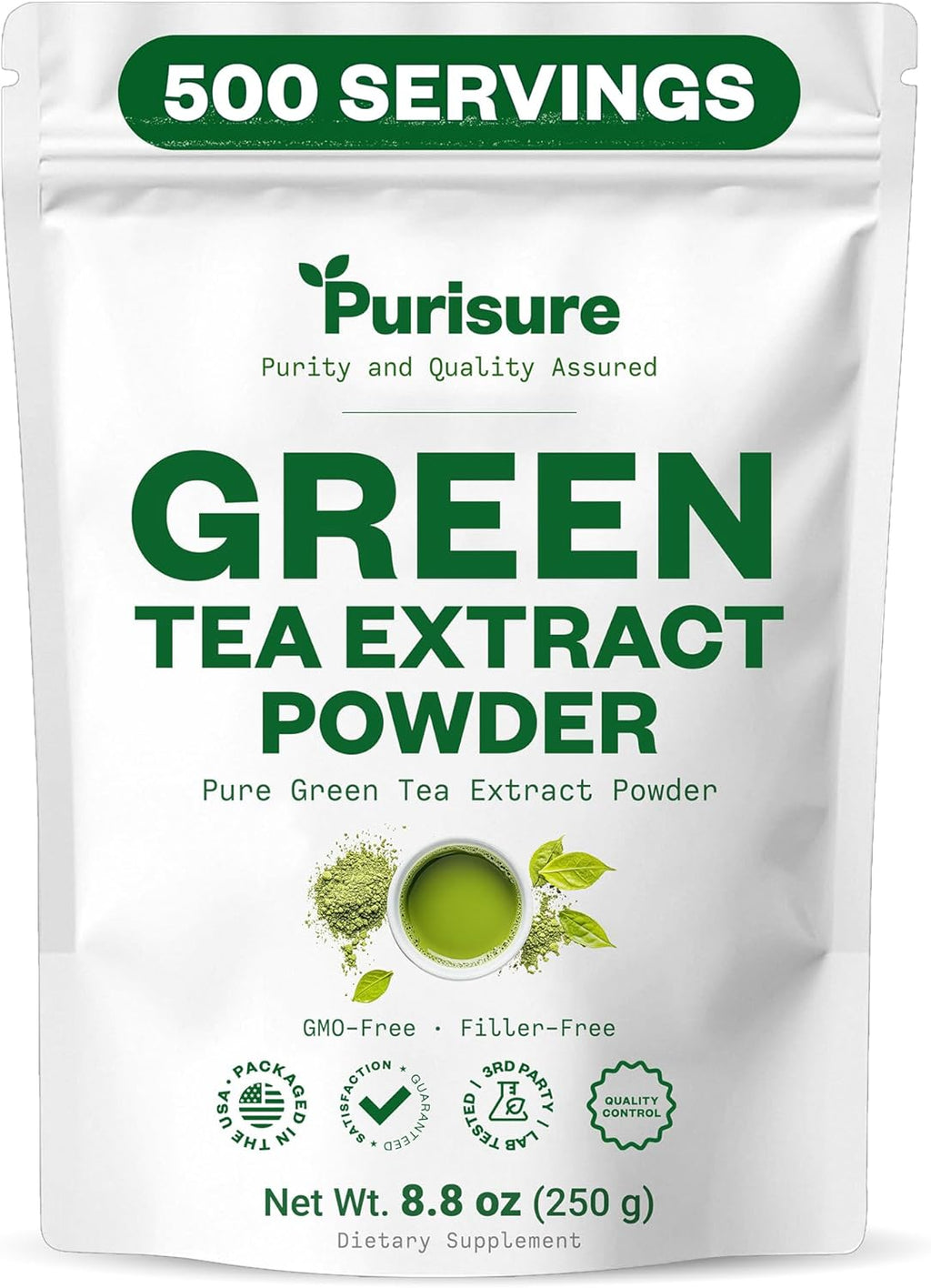 Purisure Green Tea Extract | Powdered Tea from Premium Green Leaf | Unsweetened Vegan Tea for Latte & Smoothie Recipe | All-Natural Antioxidant Green Tea Powder with EGCG & Polyphenols | 500 Servings