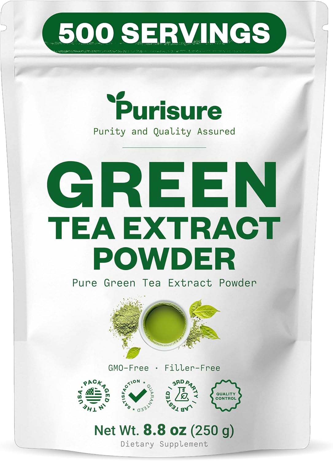 Purisure Green Tea Extract | Powdered Tea from Premium Green Leaf | Unsweetened Vegan Tea for Latte & Smoothie Recipe | All-Natural Antioxidant Green Tea Powder with EGCG & Polyphenols | 500 Servings