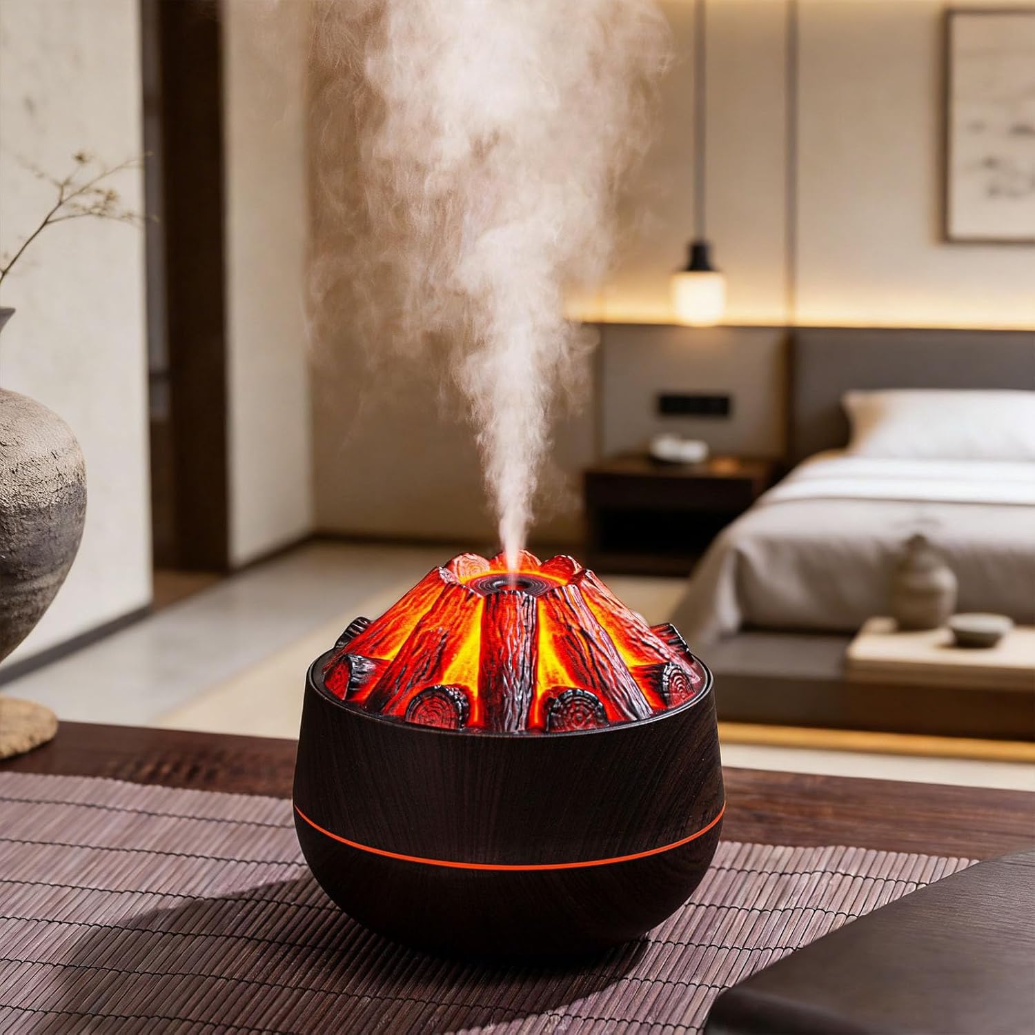 ‌Upgraded Flame Effect Humidifier - 7 Colors Essential Oil Humidifier, Noiseless for Yoga & Bedroom, 300mL Capacity - Brown