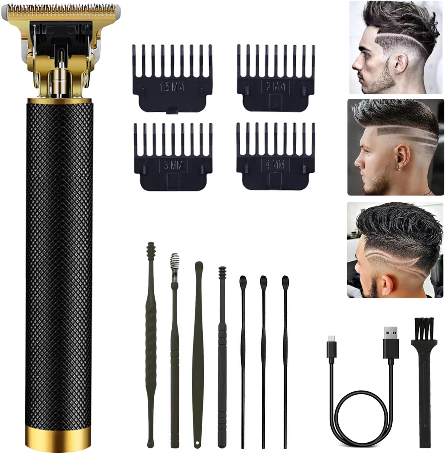 Professional Cordless Hair Clipper and Trimmer for Men, T Blade Zero Gapped Rechargeable Beard Shaver, Hair Cutting Kit With Ear Spoon Tool Set, Black